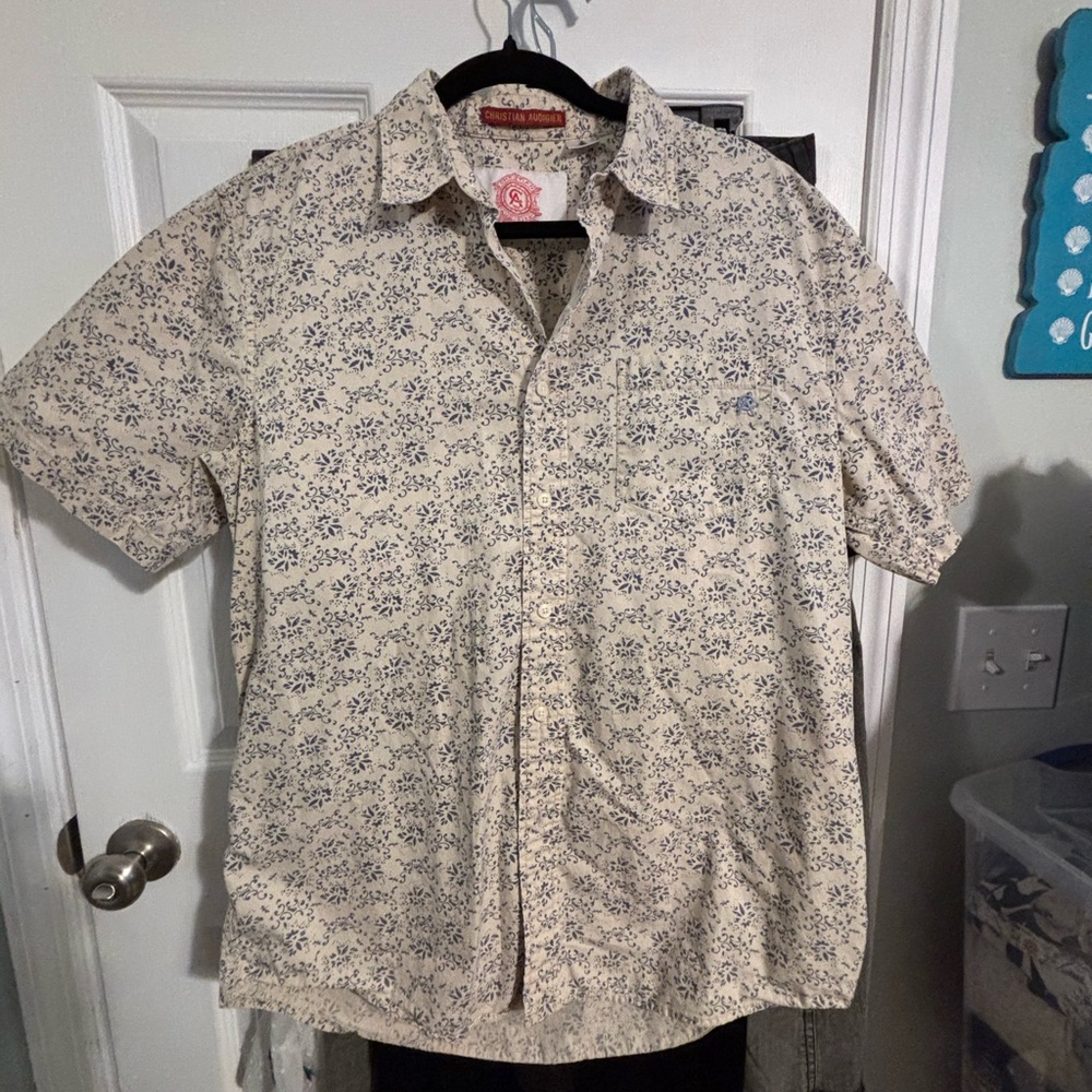 😍Christian Audigier Cream and Blue Floral Shirt size XL